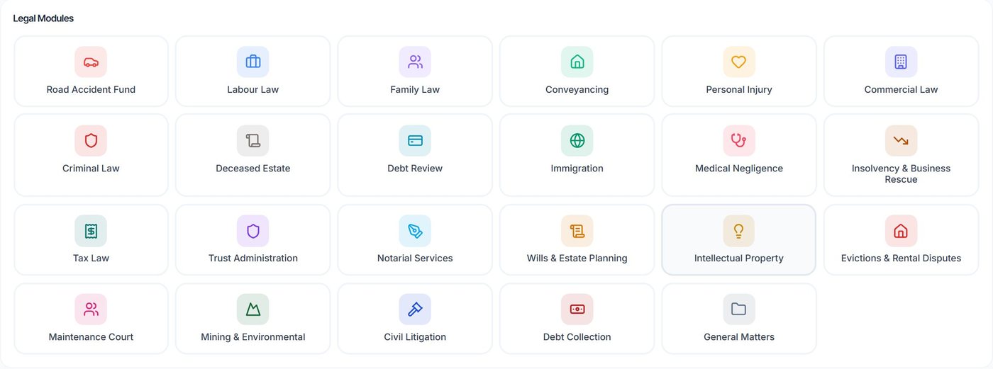 Practice areas in LegalConact, including Road Accident Fund, Labour, Family, Conveyancing, Personal Injury, Commercial, Criminal, Deceased Estates, Immigration and Civil Litigation